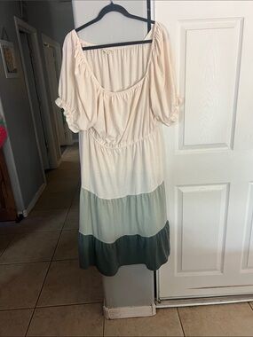 Tiered Midi Dress in Cream and Sage Green by